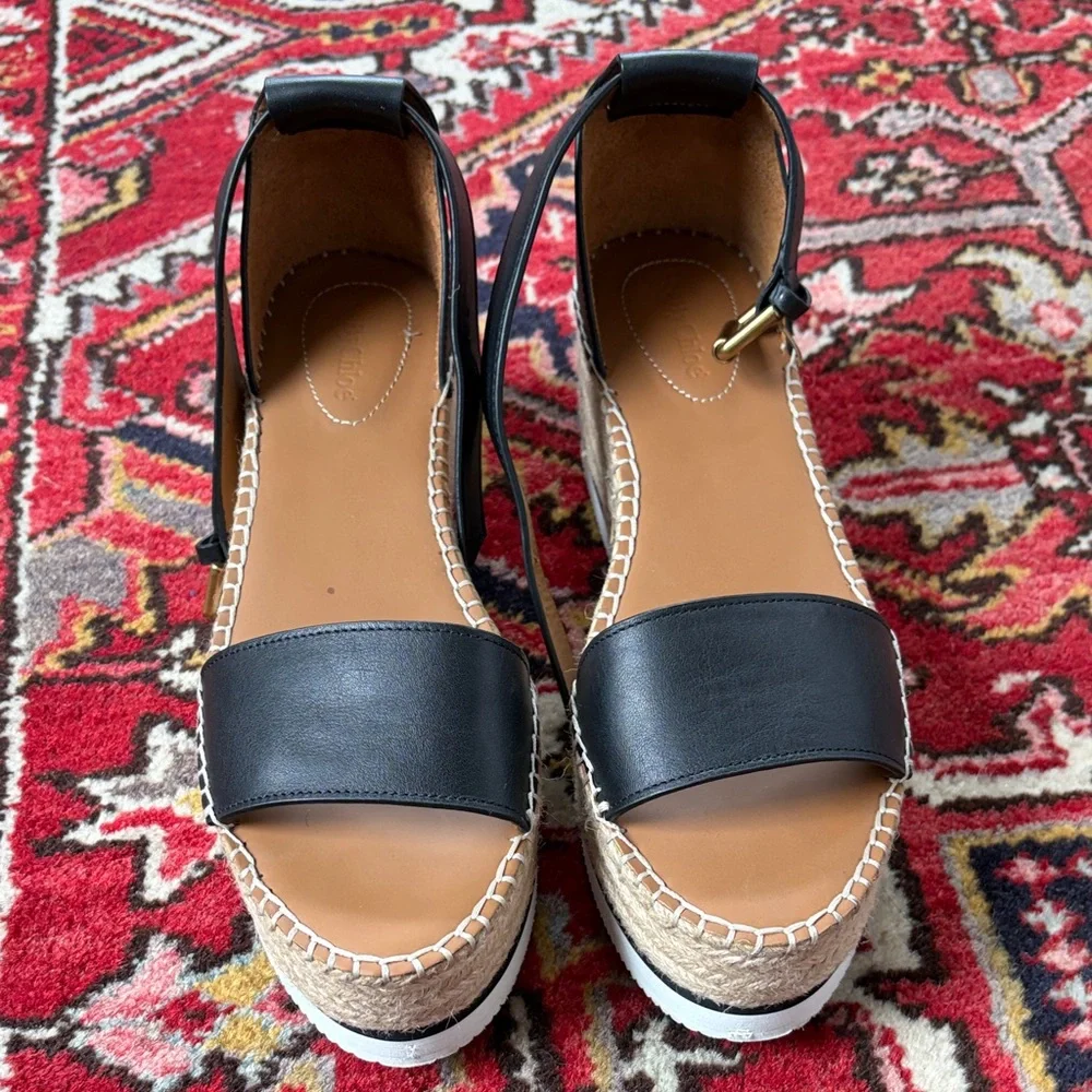 See By Chloe Black Leather Espadrille Platform Sandals
